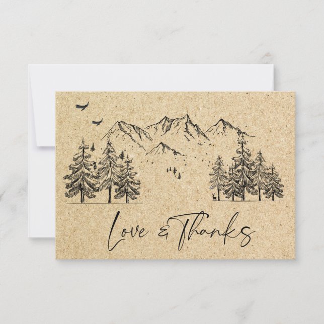 Simulated Kraft Paper Hand Drawn Mountains Wedding Thank You Card (Front)