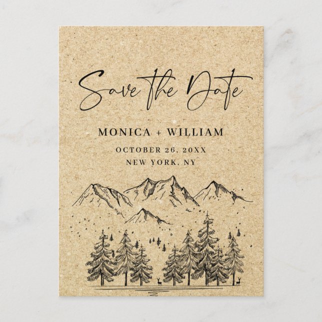 Simulated Kraft Paper Mountain Save the Date  Postcard (Front)