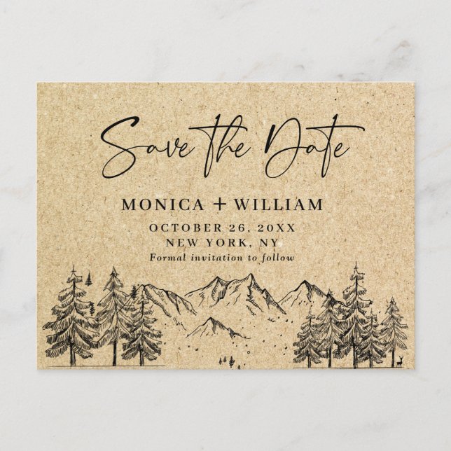 Simulated Kraft Paper Mountain Save the Date  Postcard (Front)