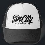 Sin City Las Vegas script typography trucker hat<br><div class="desc">Sin City Las Vegas script typography trucker hat. Custom black and white baseball cap for casual wear,  sports,  travel,  wedding,  spring break,  golf and more. Stylish hand lettering design for men and women. Available in other cool colours too.</div>