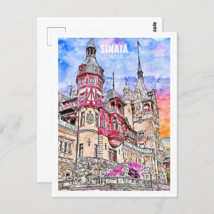 Sinaia Romania Famous Travel Watercolor Sketch Postcard