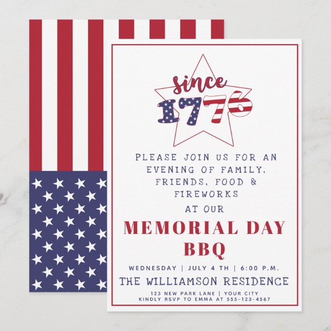Since 1776 - Patriotic U.S. Flag Memorial Day BBQ Invitation (Front/Back)