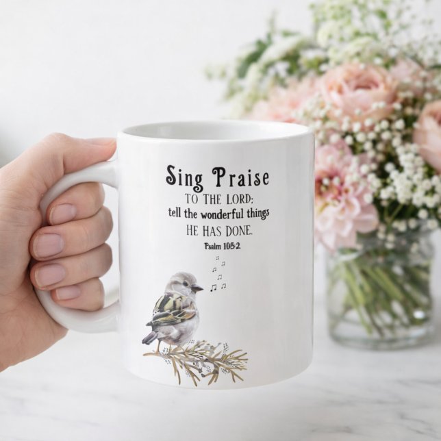 Sing Praise to the Lord Psalm 105:2 Bird Scripture Coffee Mug (Bird Singing Psalm 105:2 with Music Notes Coffee Mug)