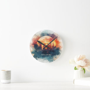 Singapore city retro watercolor Skyline Round Clock