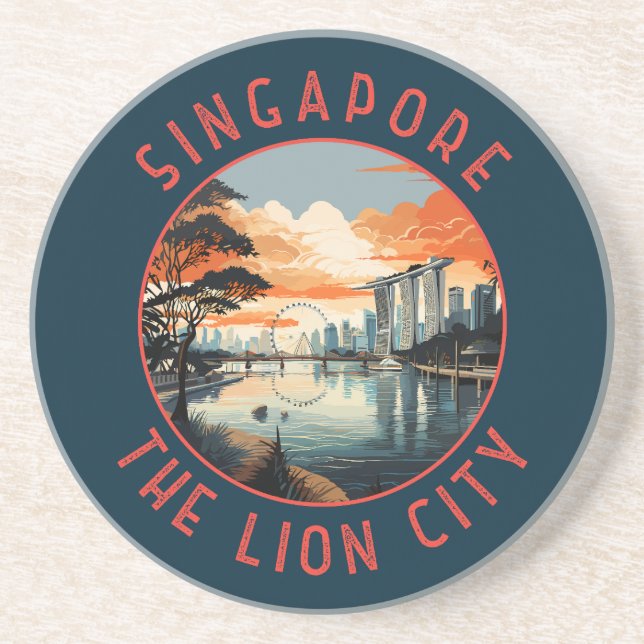 Singapore Retro Distressed Circle Coaster (Front)