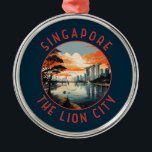 Singapore Retro Distressed Circle Metal Ornament<br><div class="desc">Singapore retro vector travel design. Marina Bay is an upscale area of skyscrapers,  posh hotels and luxury malls. It's known for the towering Singapore Flyer Ferris wheel and the flower conservatories and colourful Supertrees of Gardens by the Bay.</div>