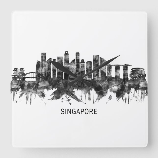 Singapore Skyline BW Square Wall Clock (Front)