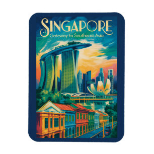 Singapore Skyline Illustration Travel Art Vintage Magnet