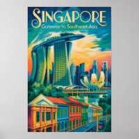 Singapore Skyline Illustration Travel Art Vintage