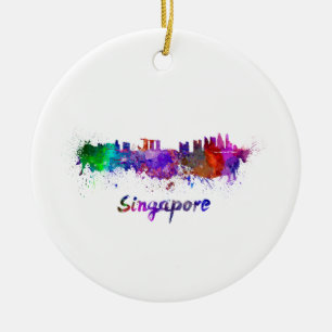 Singapore skyline in watercolor ceramic tree decoration
