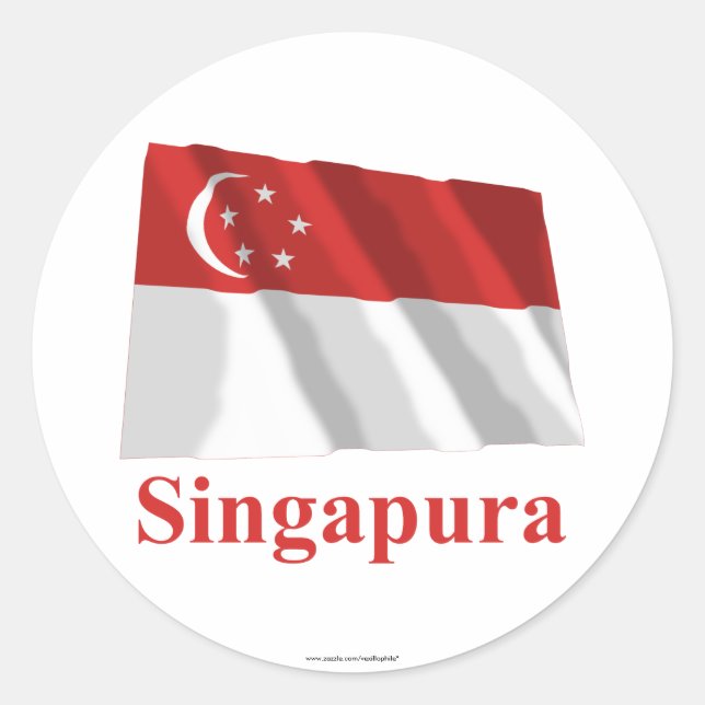 Singapore Waving Flag with Name in Malay Classic Round Sticker (Front)