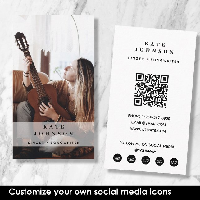Singer Musician Photo Custom Social Media QR Code Business Card (Singer Musician Photo Custom Social Media QR Code Business Card)