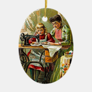 Singer Sewing Machine "The First Lesson" Vintage Ceramic Ornament
