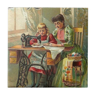 Singer Sewing Machine "The First Lesson" Vintage Ceramic Tile