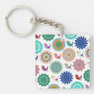Singing Bird and Mandala Cute Folk Art Pattern  Key Ring
