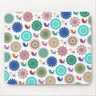 Singing Bird and Mandala Cute Folk Art Pattern Mouse Pad