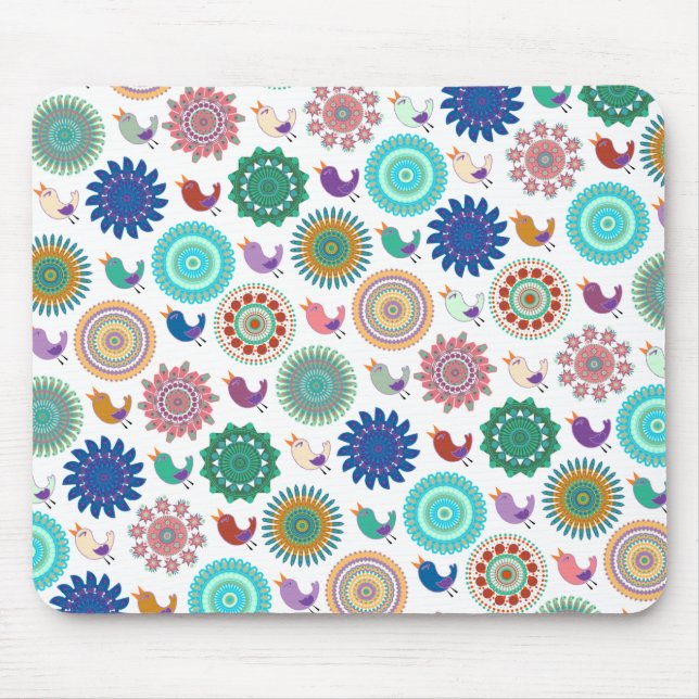 Singing Bird and Mandala Cute Folk Art Pattern Mouse Pad (Front)
