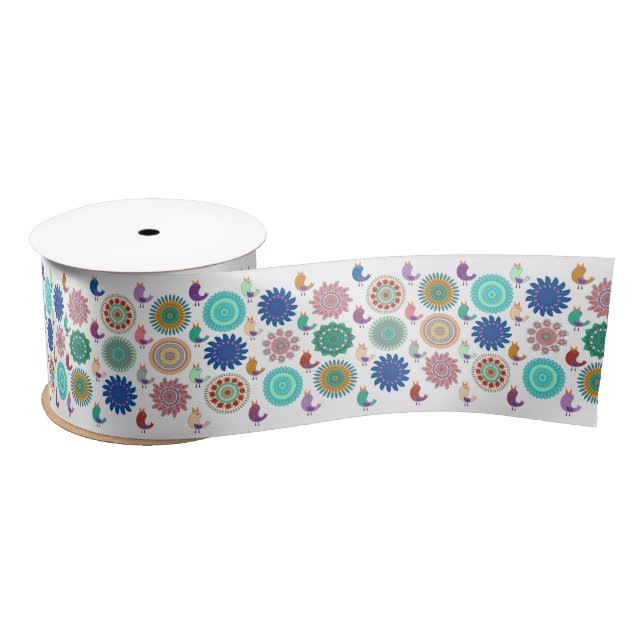 Singing Bird and Mandala Cute Folk Art Pattern Satin Ribbon (Spool)