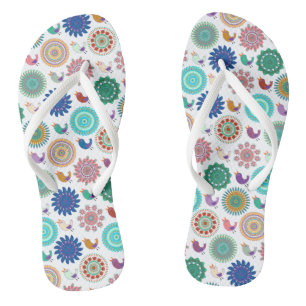 Singing Bird and Mandala Folk Art Cute Pattern Thongs