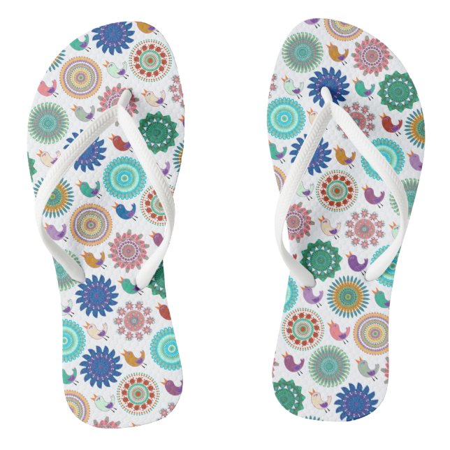 Singing Bird and Mandala Folk Art Cute Pattern Thongs (Footbed)