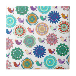 Singing Bird and Mandala Folk Art Pattern Ceramic Tile
