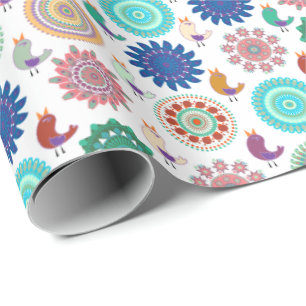Singing Bird and Mandala Folk Art Pattern Wrapping Paper