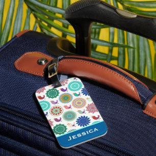 Singing Bird and Mandala Folk Pattern Personalised Luggage Tag