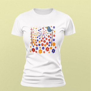Singing Bird Surrounded by Music Notes and Flowers T-Shirt