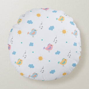 Singing Birds & Musical Notes Pattern Round Cushion