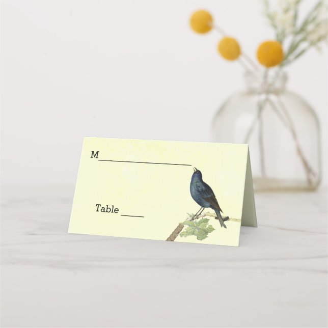 Singing Black Bird Caterpillar on Branch Yellow Place Card (Front)
