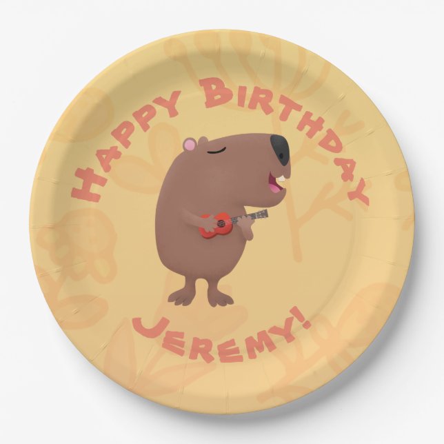 Singing capybara personalised birthday cartoon paper plate (Front)