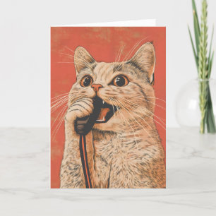 Singing Cat Microphone Funny Retro Holiday Card