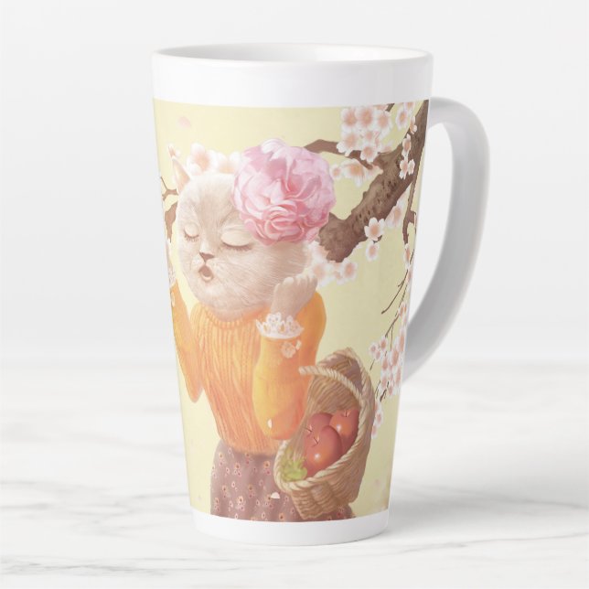 Singing Cat with Flower Basket Latte Mug (Right Angle)