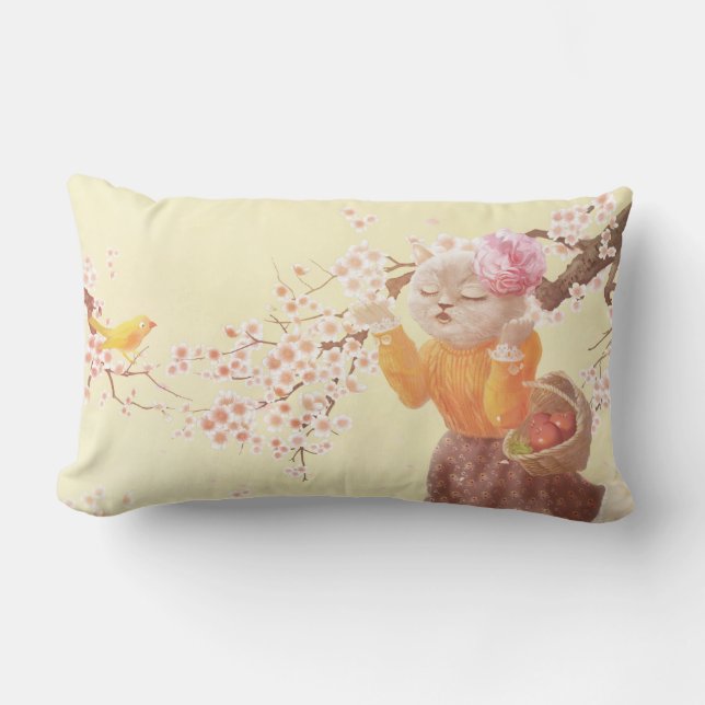 Singing Cat with Flower Basket Lumbar Cushion (Front)