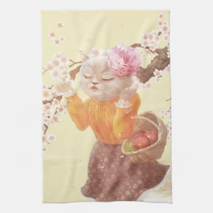 Singing Cat with Flower Basket Tea Towel