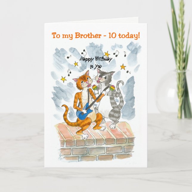Singing Cats 10th Fun Birthday Card for a Brother (Front)