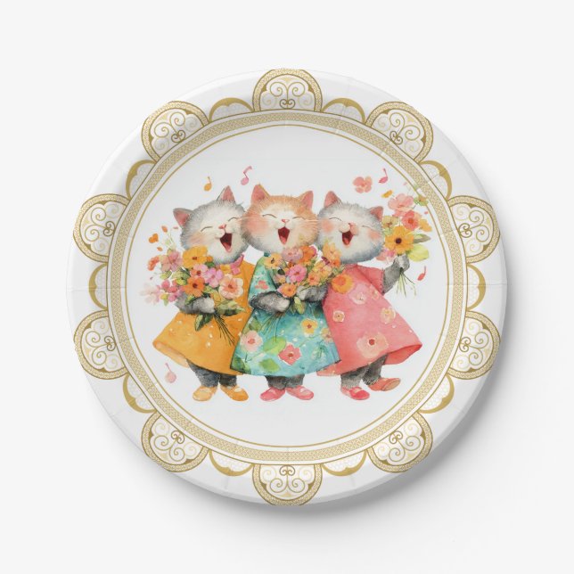 Singing Cats Holding Bouquets Paper Plate (Front)