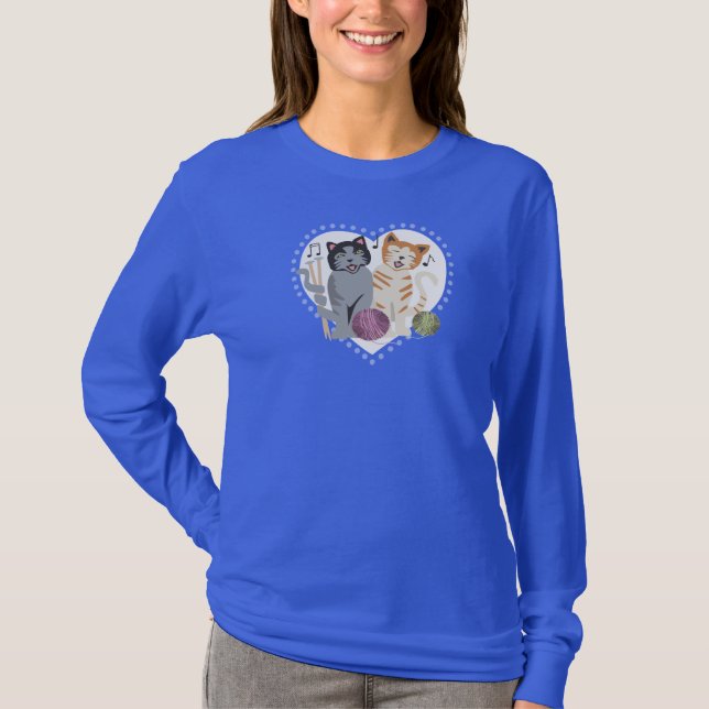 Singing cats knitting needles yarn DARK shirts (Front)