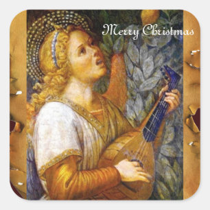 SINGING CHRISTMAS ANGEL MAKING MUSIC OLD PARCHMENT SQUARE STICKER