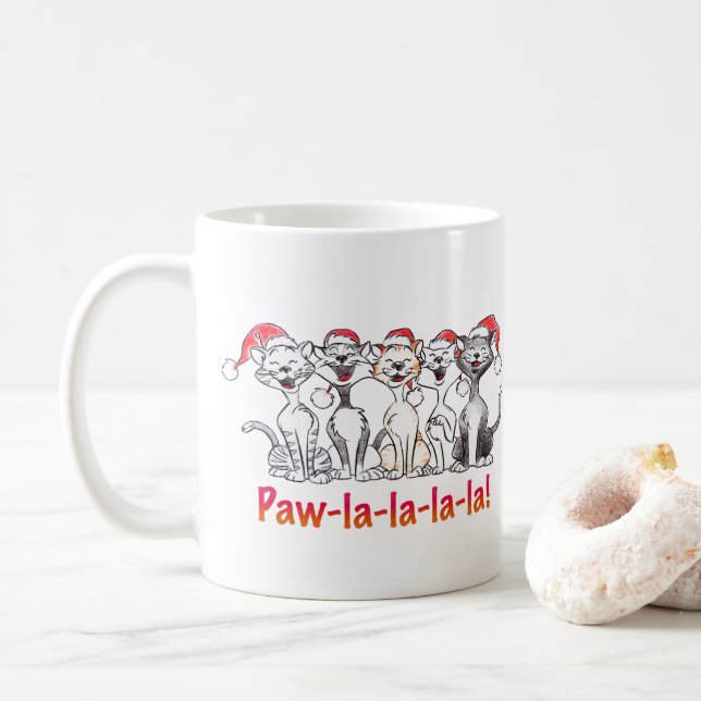 Singing Christmas Cats with Santa Hats Coffee Mug (With Donut)