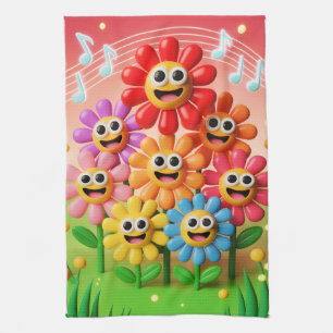 Singing Flowers Illustration with Music Notes Tea Towel