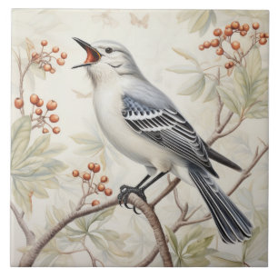 Singing Grey Bird on Berry Branches Ceramic Tile
