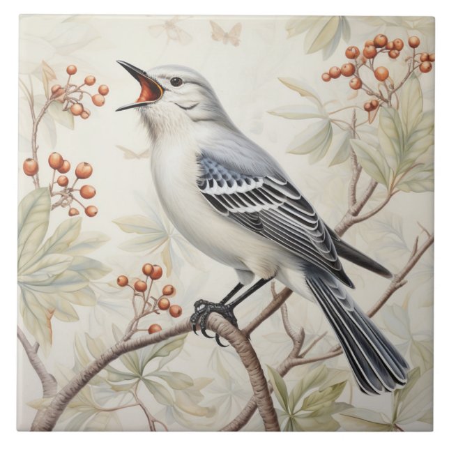 Singing Grey Bird on Berry Branches Ceramic Tile (Front)