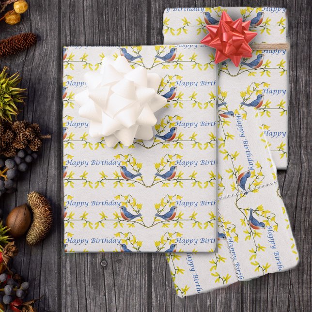 Singing Happy Birthday Blue Red Bird Flowers Wrapping Paper Sheet (Happy Birthday blue red birds on branches with pretty yellow flowers on white gift wrapping paper.)