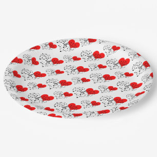 Singing Heart Pattern. Red Hearts, Black Notes Pap Paper Plate