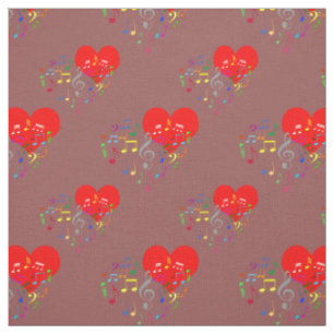 Singing Heart Pattern. Red Hearts, Colourful Notes Fabric
