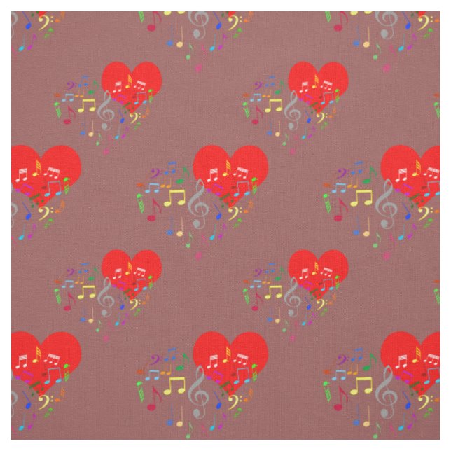 Singing Heart Pattern. Red Hearts, Colourful Notes Fabric (Swatch)
