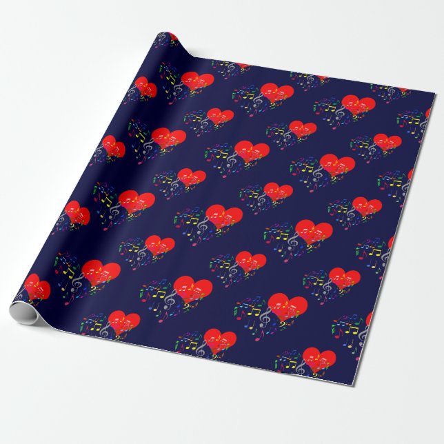Singing Heart Pattern. Red Hearts, Colourful Notes Wrapping Paper (Unrolled)