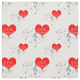 Singing Heart Pattern. Red Hearts, Grey Notes Fabric