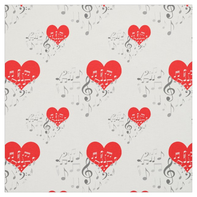 Singing Heart Pattern. Red Hearts, Grey Notes Fabric (Swatch)